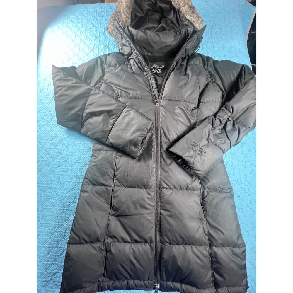 Mountain Hardwear Womens Black Down Filled Long Puffer Parka Faux Fur Hood Small